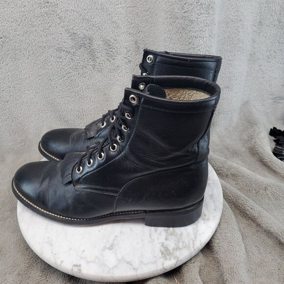 Justin Boots Shoes Youth Unisex Size 6 Black Leather Roper Lace Up Boots - Picture 1 of 11